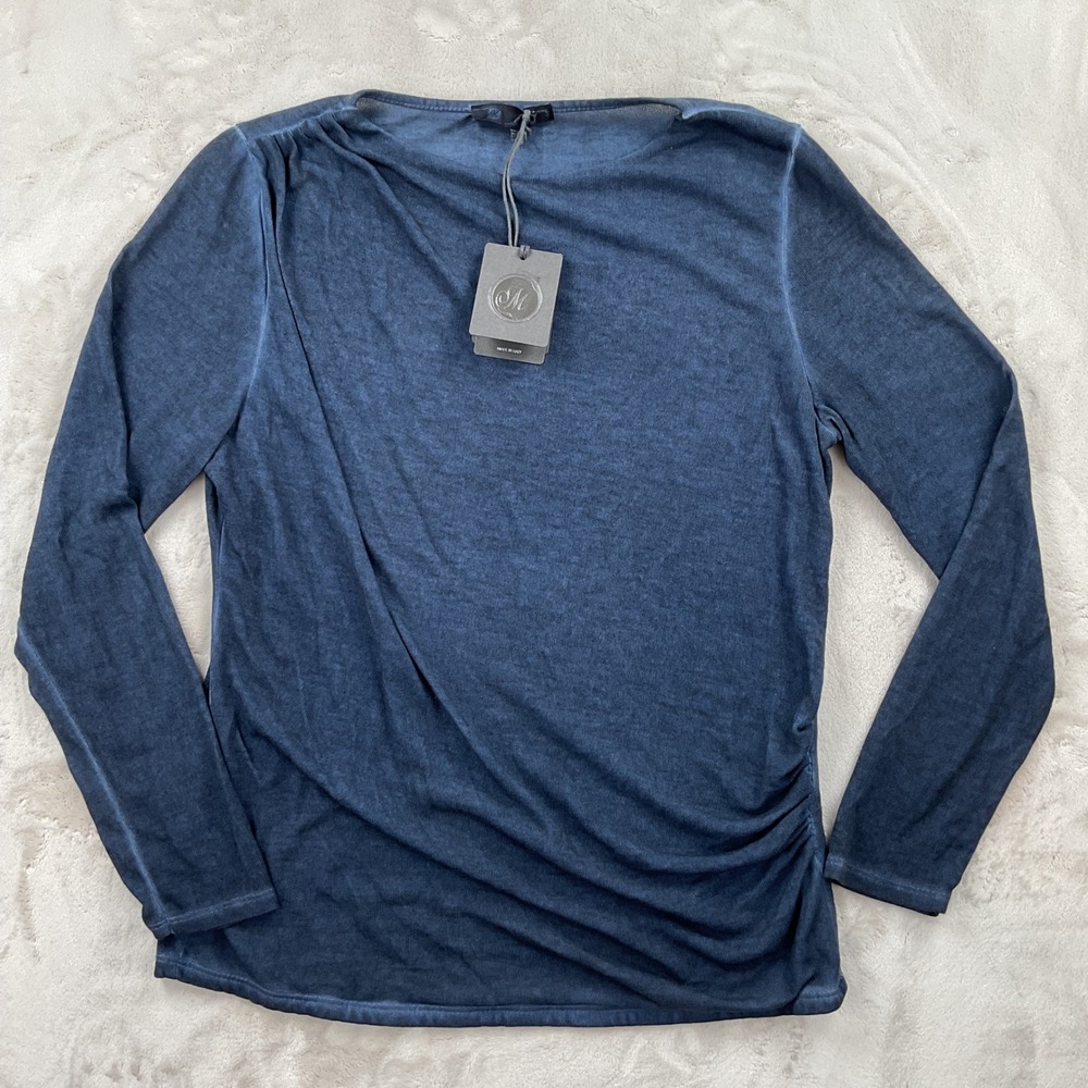 M Made in Italy Blue Ruched Side Boat Neck Long Sleeve Knit Top NWT Size M